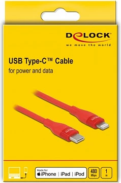 Kabll USB-C në Lightning DeLOCK 1 m, MFi, Fast Charge, e kuqe