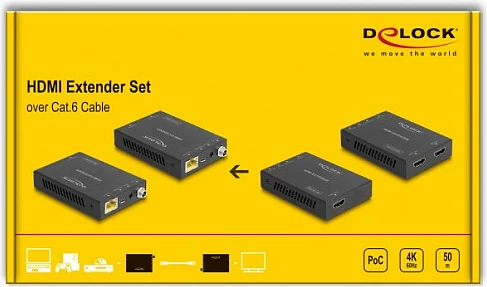 HDMI extender DeLOCK 65955, 4K 60Hz, mbi Cat6/Cat6a deri 70m, PoC, i zi