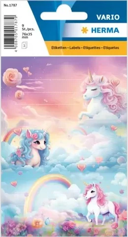 Etiketa shkolle HERMA Happy Unicorns, letër, 9 copë, shumëngjyrëshe