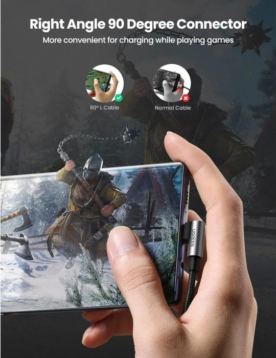 Kabllo USB-A në USB-C UGREEN 20857, 2m, 90° (right-angle), karikim i shpejtë 18W, 480Mbps, e thurur, e zezë