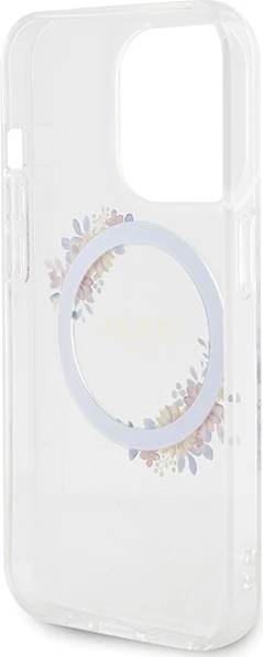 Mbështjellës Guess IML Flowers Wreath MagSafe për iPhone 15 Pro, Transparent
