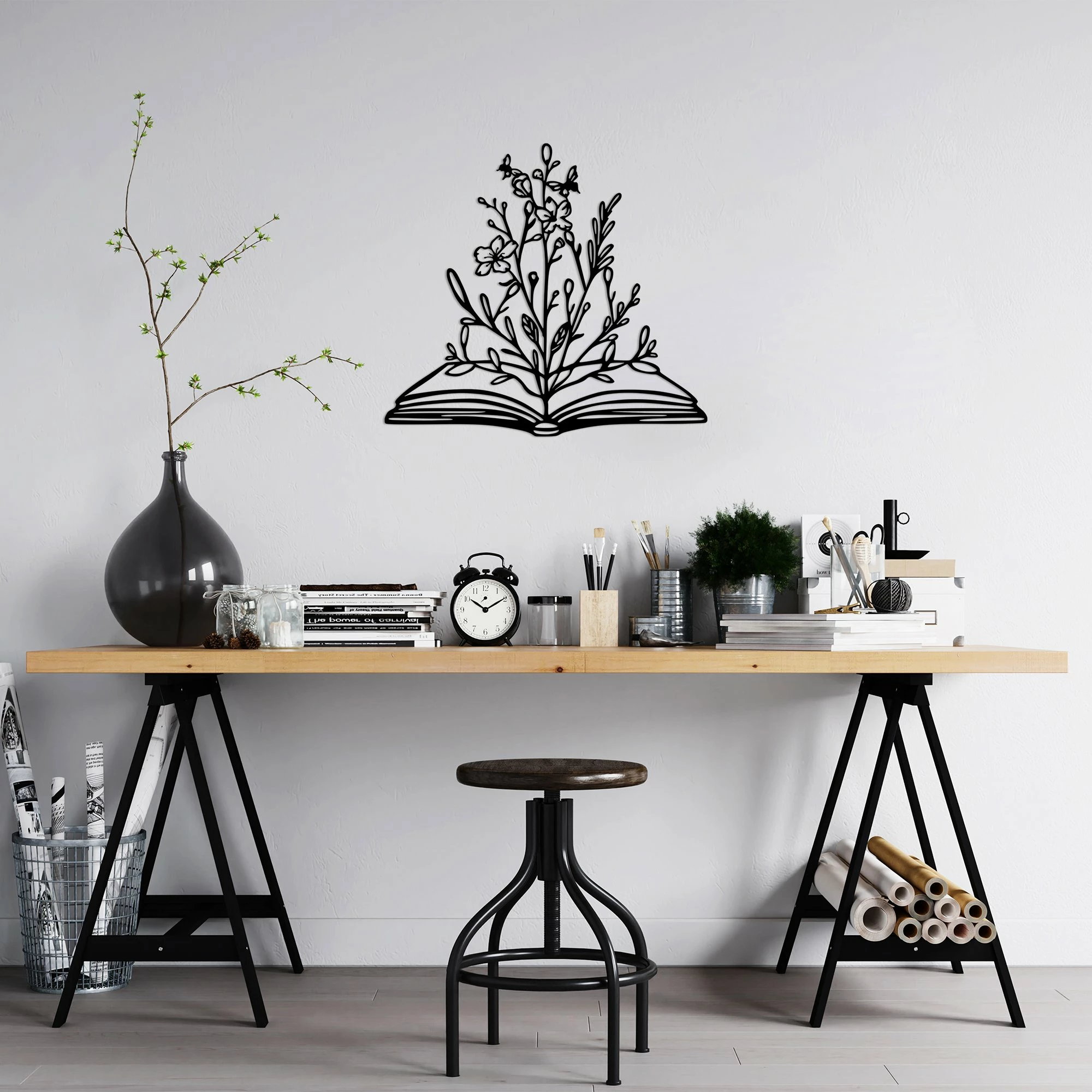 Aksesor dekorativ metalik për mur, lule në libër, Wallity