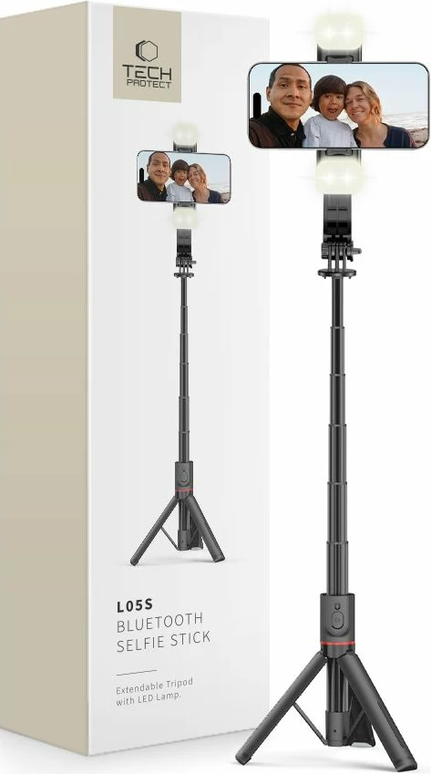 Selfie stick me tripod Tech-Protect L05S me Bluetooth dhe dritë LED, i zi