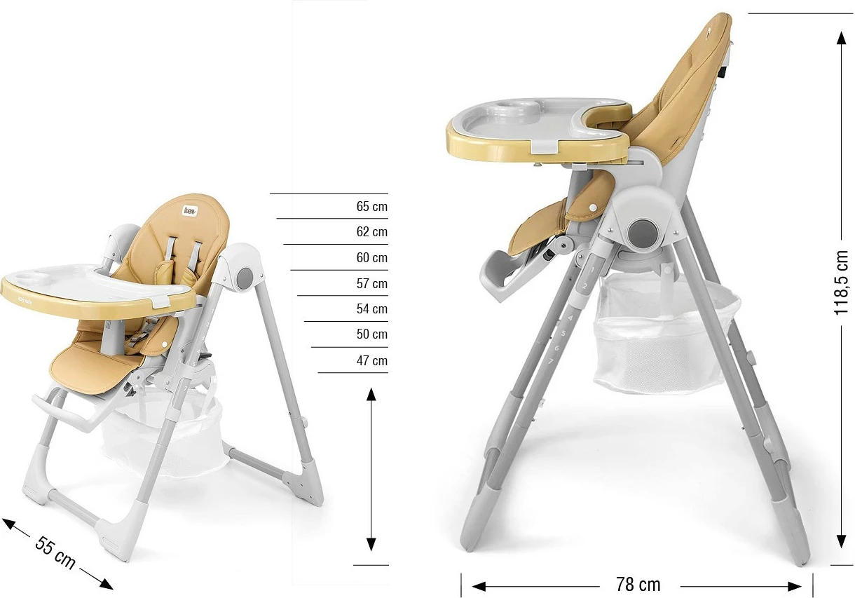 Karrige e lartë ushqimi, Milly Mally, Bueno 3764, rregullim 7 nivele, shpinore me shtrirje, tabaka e heqshme, deri 15 kg, bezhë