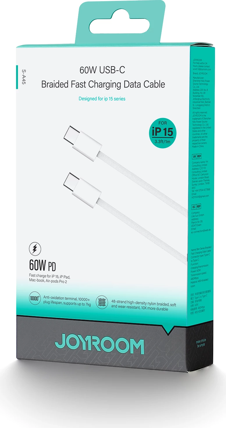 Kabllo USB-C/USB-C Joyroom Ben Series S-A45, 1m, 60W, Bardhë