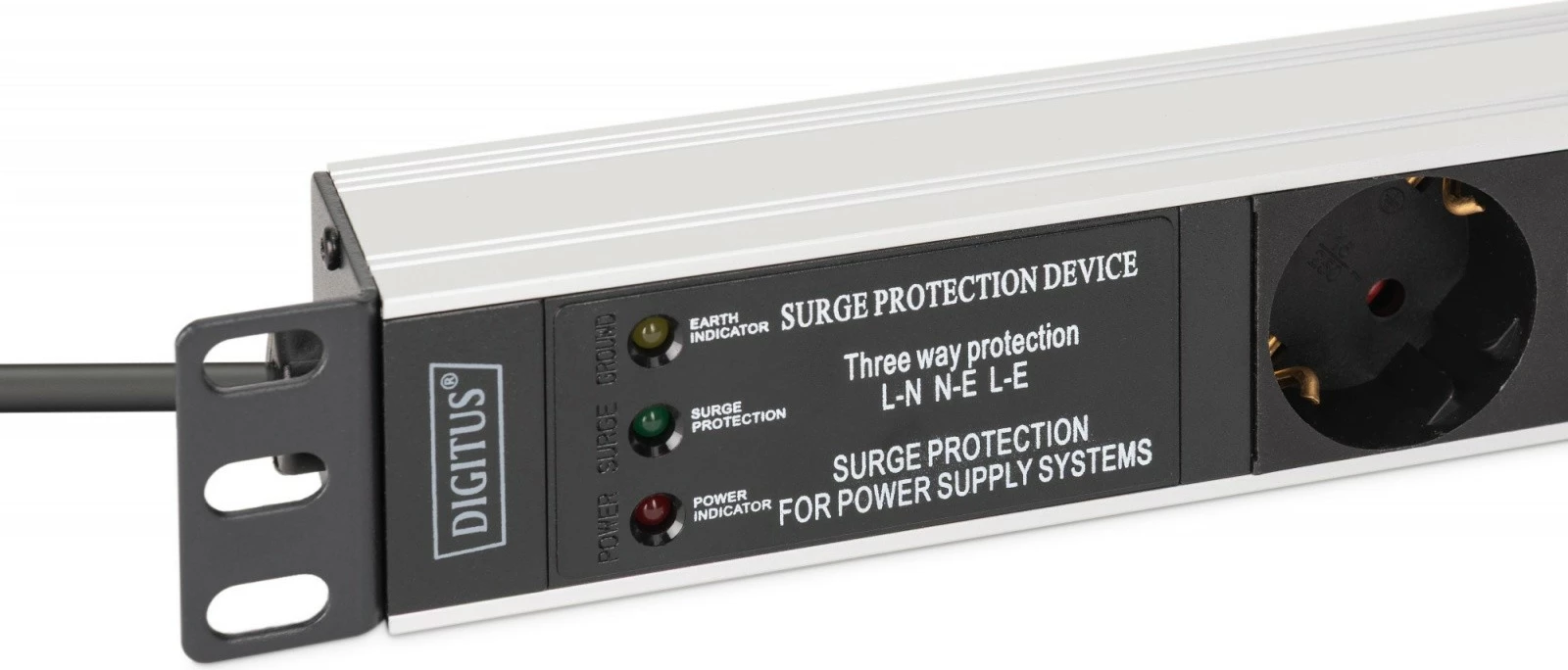 Shirit prizash PDU rack Digitus DN-95441 19\" 1U, 7x Schuko, kabllo 2m, 16A, mbrojtje nga rritjet e tensionit + filtër EMI/RFI, zi/argjendt