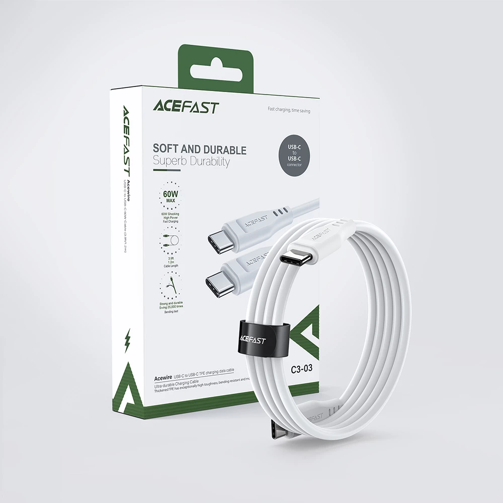 Kabllo Acefast C3-03 USB-C në USB-C, 1.2m, 60W, e bardhë