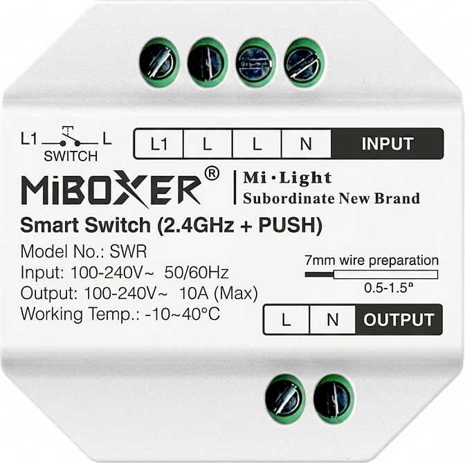 Switch smart Miboxer SWR, modul relé 2.4GHz + PUSH, 10A, 100-240V, i bardhë