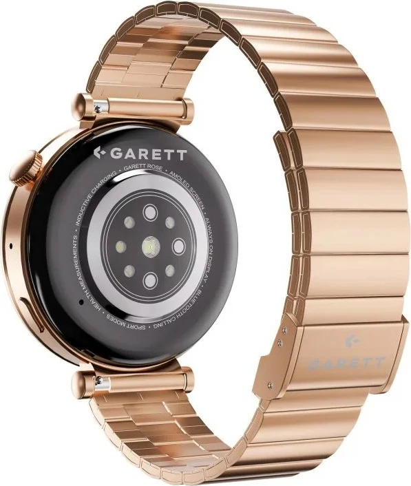 Smartwatch Garett Rose 1.32" AMOLED, Bluetooth, IP67, 260 mAh, me byzylyk çeliku + rrip lëkure, Rose Gold