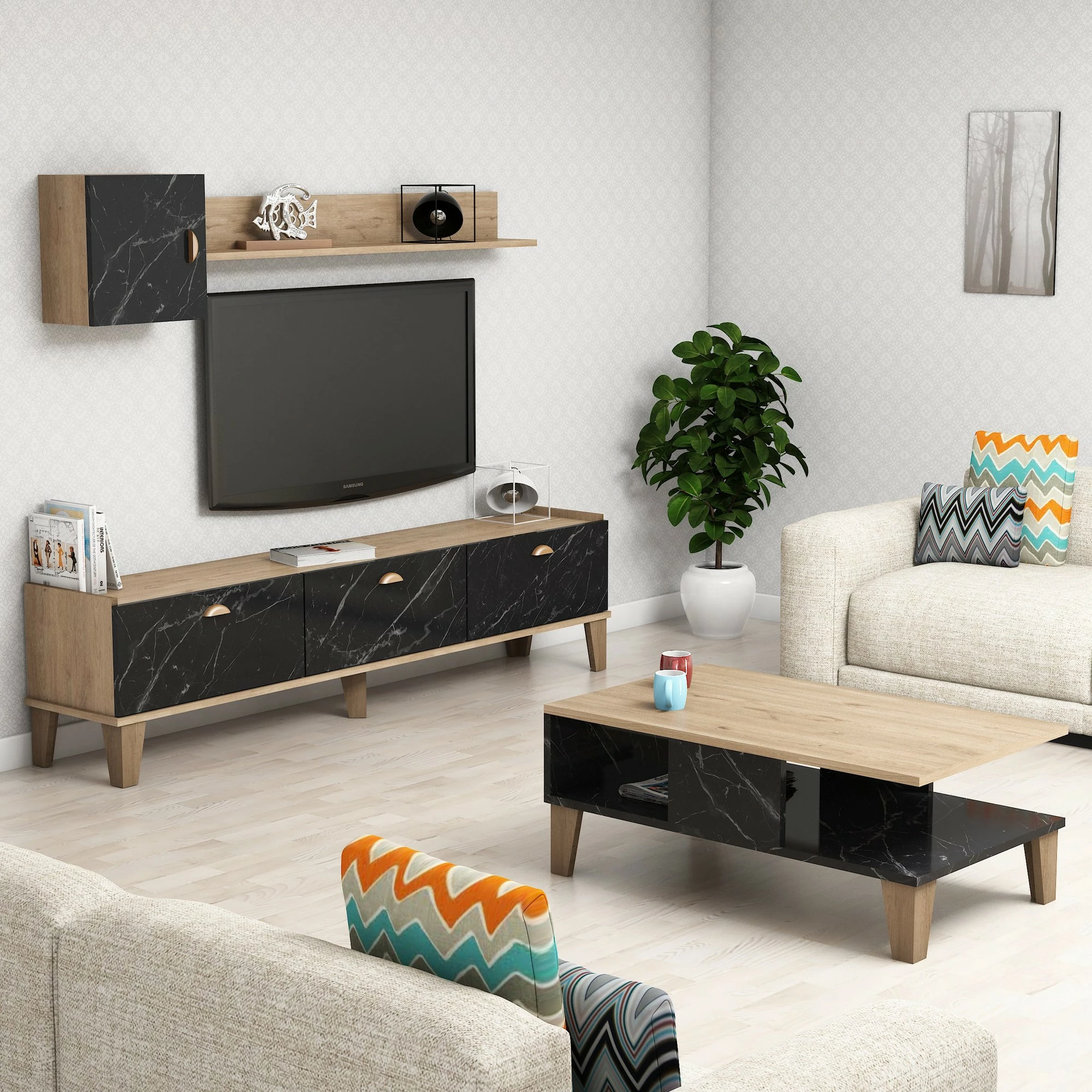 Set mobiljesh për dhomë dite Hanah Home, Sumer G5030, ngjyrë lis dhe mermer