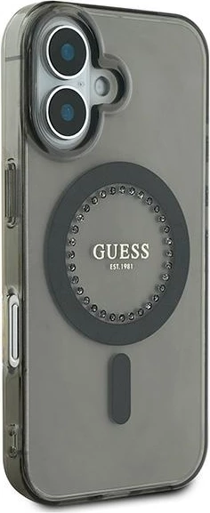 Mbështjellës Guess MagSafe për iPhone 16 Plus, i zi, me rhinestones