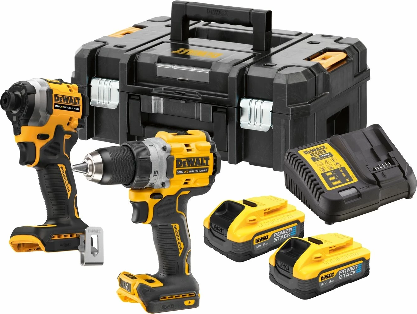 Set shpuese/vidhosëse + vidhosëse me goditje DeWalt DCD800 + DCF850 18V 2x 5.0Ah Powerstack, karikues, kuti TSTAK, verdhë/zezë