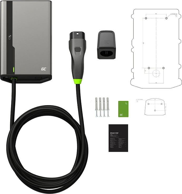 Stacion karikimi EV (Wallbox) Green Cell HabuDen EVGC021B2275, 22kW 32A, Type 2, kabllo 7.5m, NFC, WiFi/Bluetooth, gri
