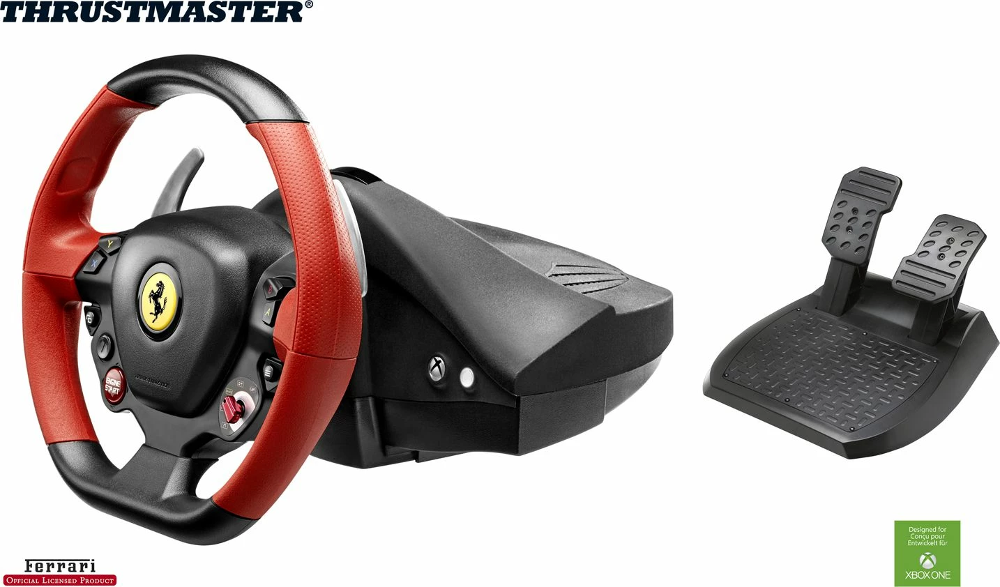 Timoni gaming Thrustmaster F458 Spider 4460105, për Xbox One/Xbox Series X|S, 28 cm, 240°, me pedale, me kabllo 3 m, zi/kuqe, set