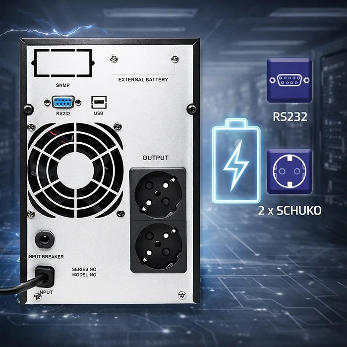 UPS Qoltec 52640 1kVA 800W pure sine wave, line-interactive, AVR, LCD, 2x Schuko, USB & RS-232, 2x 7Ah, e zezë