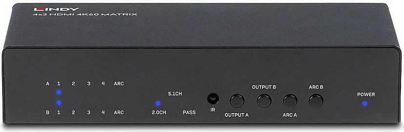 Switch matricë HDMI Lindy 4x2 4K60, HDMI 2.0 18Gbps, HDCP 2.2, e zezë