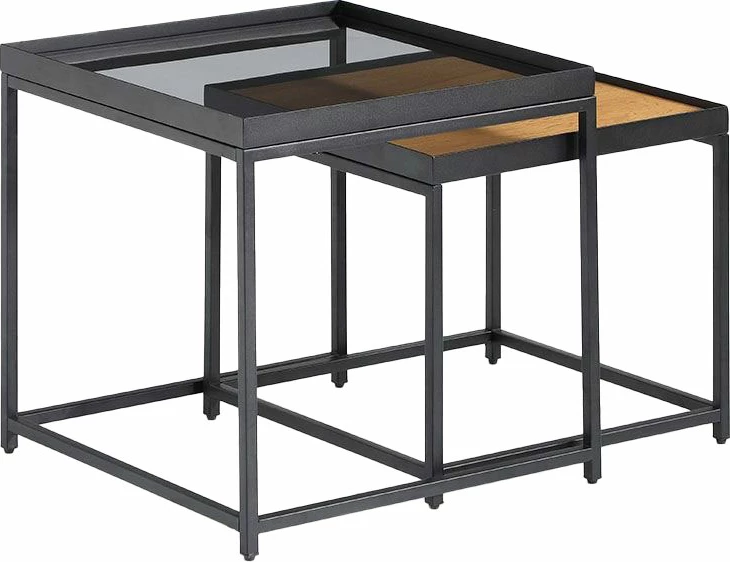 Set tavolinash anësore Harmonica, natyrale, xham i tymosur, e zezë, 2 copë, 50x50x49