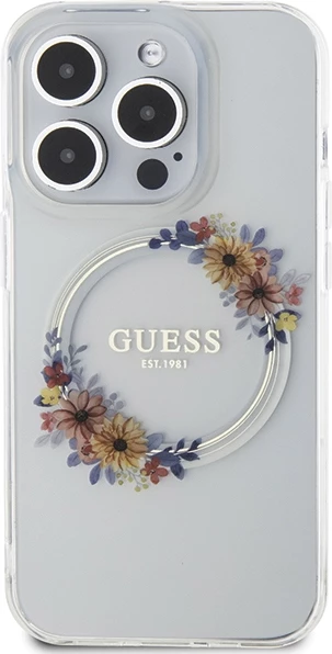 Mbështjellës Guess IML Flowers Wreath MagSafe për iPhone 15 Pro, Transparent