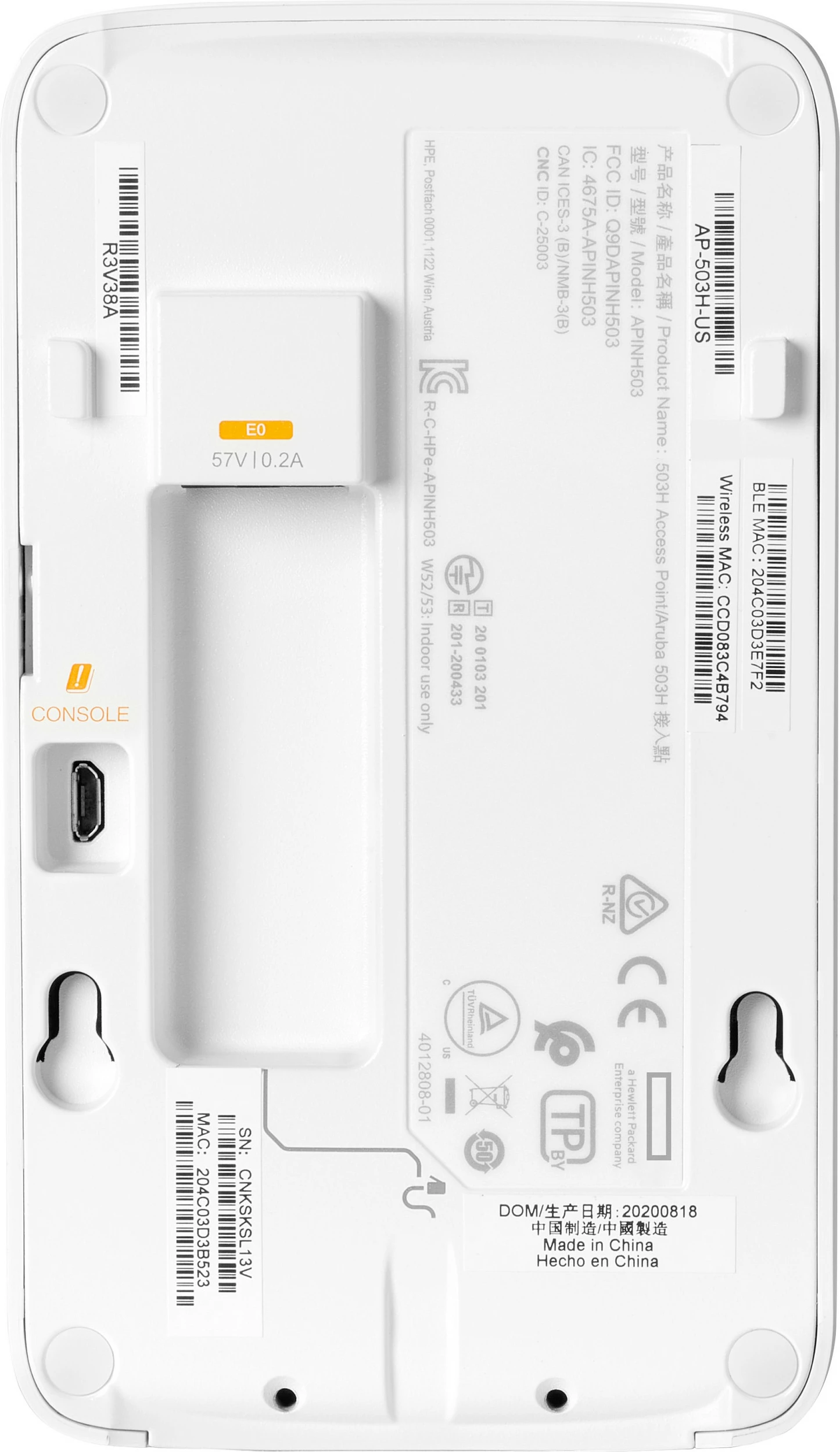 Access point Wi‑Fi HPE Aruba AP-503H, Wi‑Fi 6, Dual Band 2.4/5 GHz, deri 1.49 Gbps, 2x RJ45, Bluetooth 5.0, i bardhë