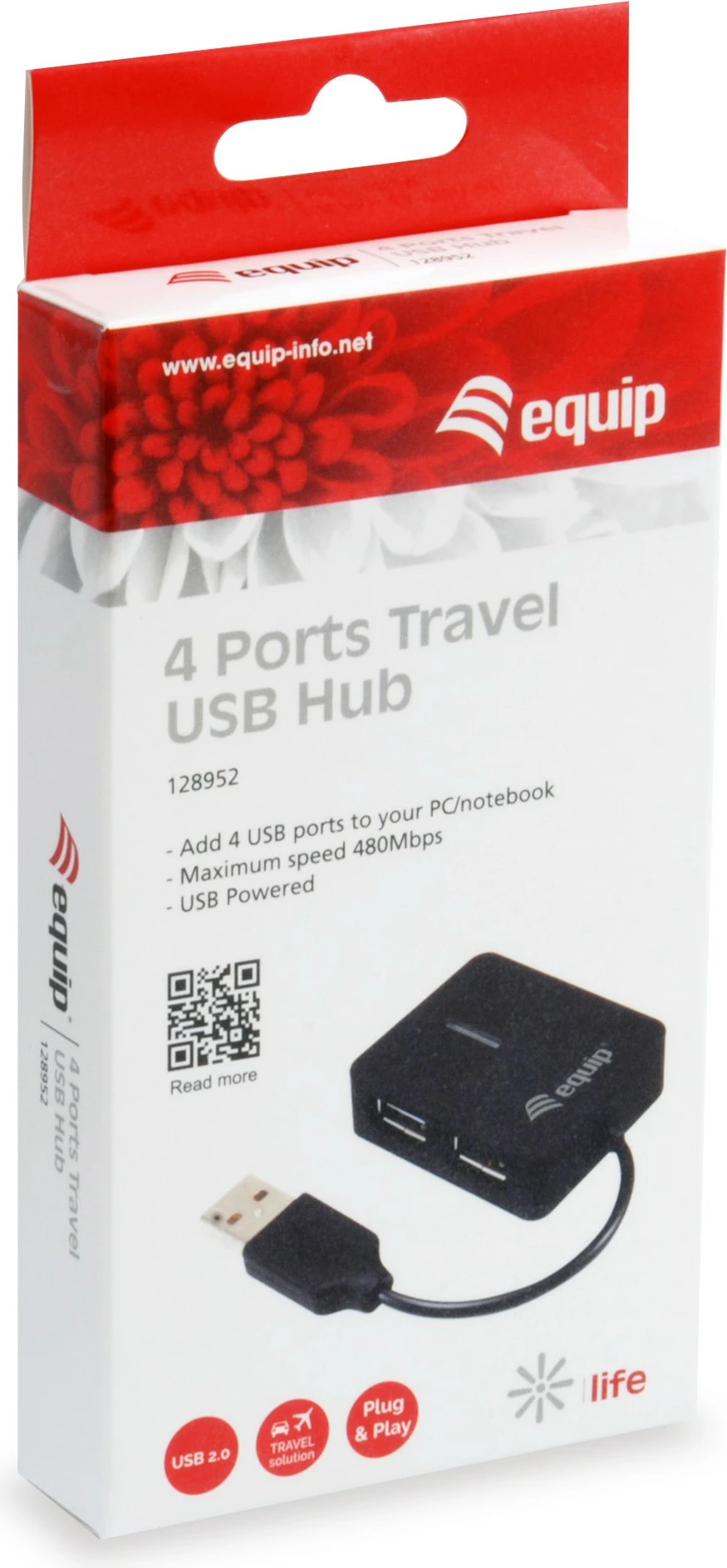 USB hub Equip 128952, 4 porta, USB 2.0, 480 Mbit/s, e zezë