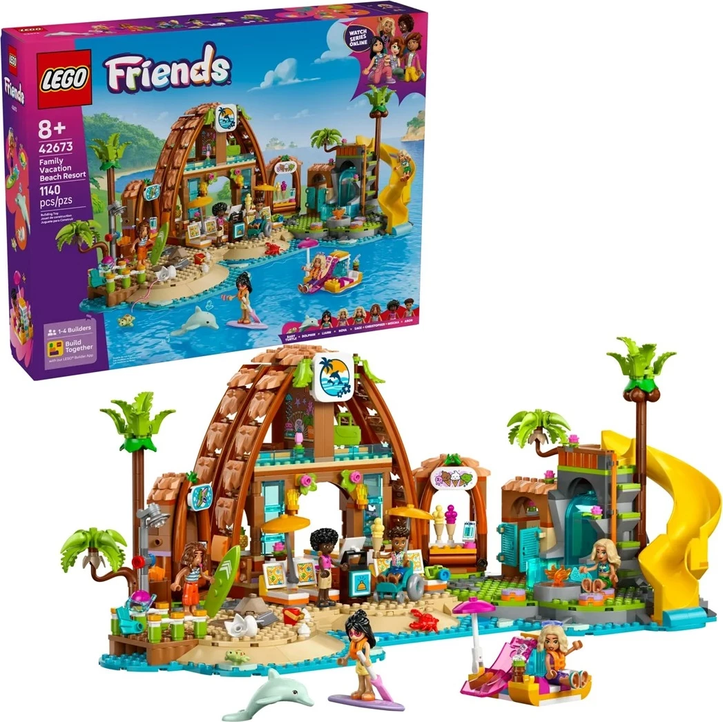 Set LEGO Friends Family Vacation Beach Resort 42673, 6 minifigura, për fëmijë 8+