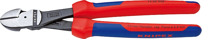 Këpucë diagonale Knipex 74 02 250, 250mm, krom-vanadium, dorezë plastike, kaltër/kuqe