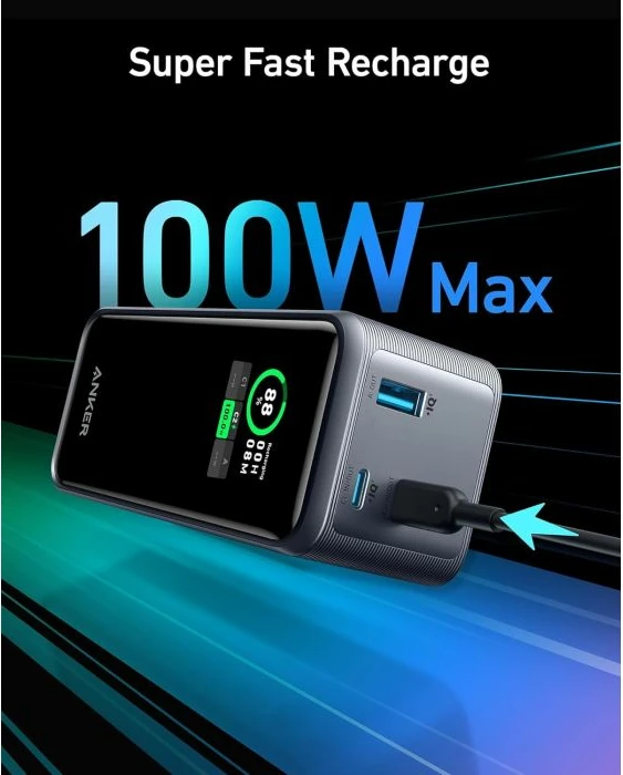 Powerbank Anker Prime 20000mAh 200W, 2x USB-C + 1x USB-A, set me kabllo USB-C në USB-C 0.6m + çantë udhëtimi, e zez/gri