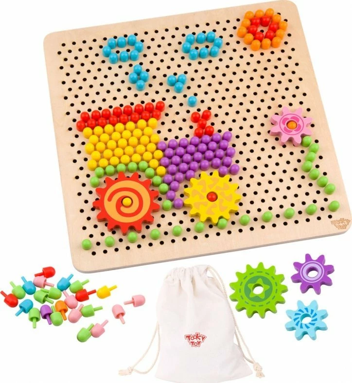 Puzzle mozaik me pina Tooky Toy, 288 elemente, bord druri, 3+ vjet, set me qese dhe katalog shabllonesh