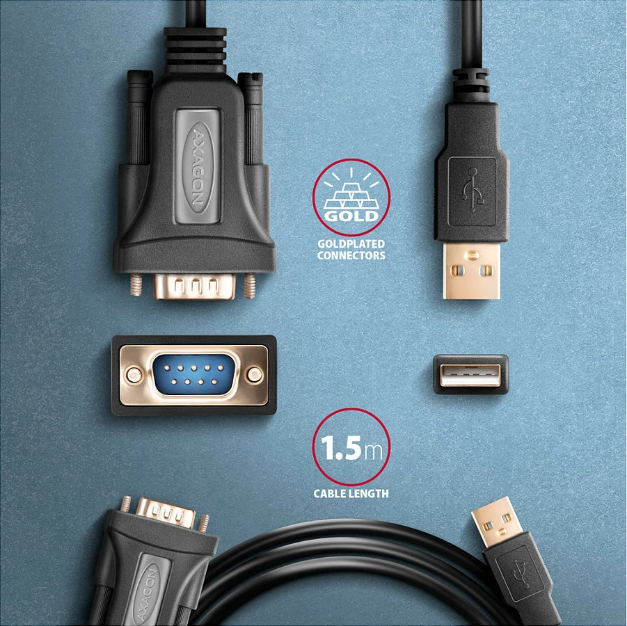 Kabllo adapter Axagon ADS-1PQN, RS-232 (COM) në USB 2.0, FT232RL, e zezë