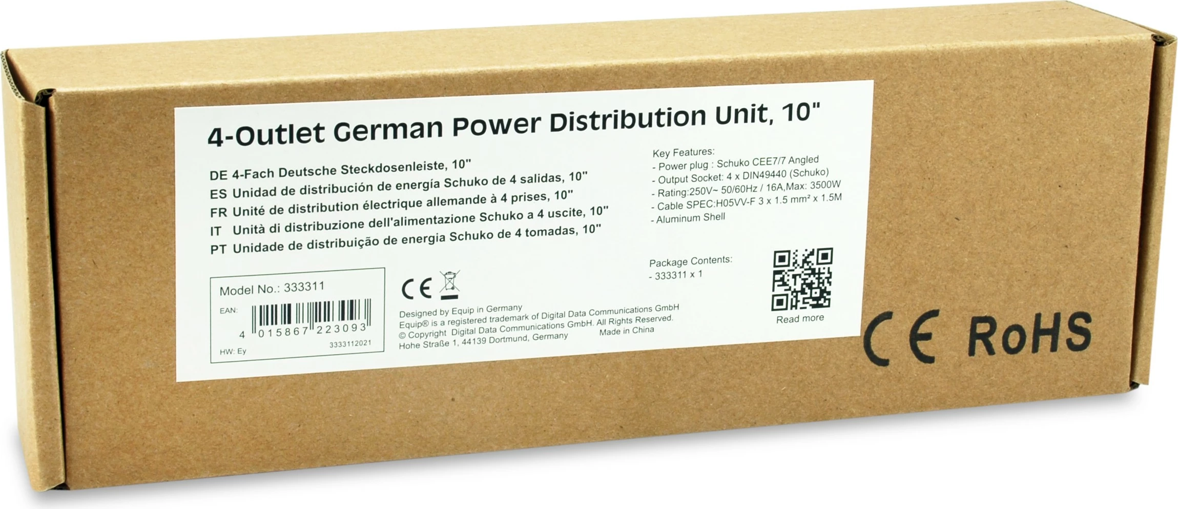 PDU Equip 333311, 1U, 4 dalje, alumini, zi/argjendt