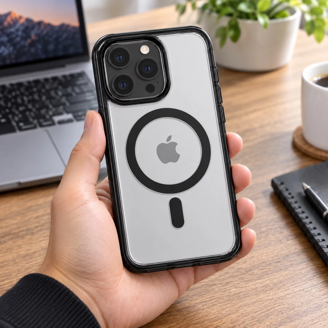 Mbrojtëse për iPhone 15 Pro Max me Unazë MagSafe – Transparente me Kornizë të Zezë