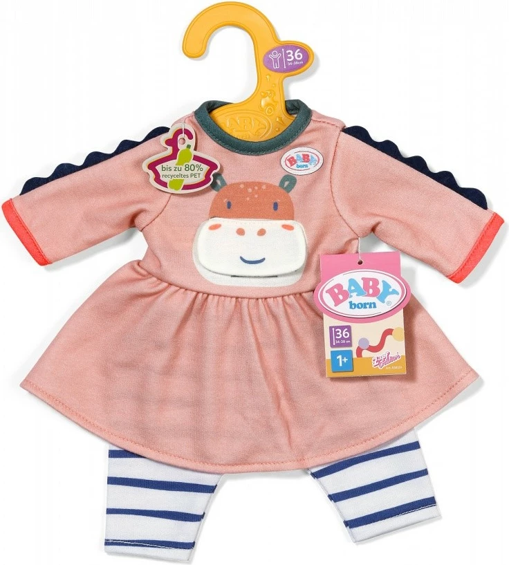 Rroba për kukull, Baby Born, Jungle Dress 36 cm, me mëngë të gjata dhe geta me vija, MPN 838129-116725, rozë/neblu/bardhë, set 2-pjesësh