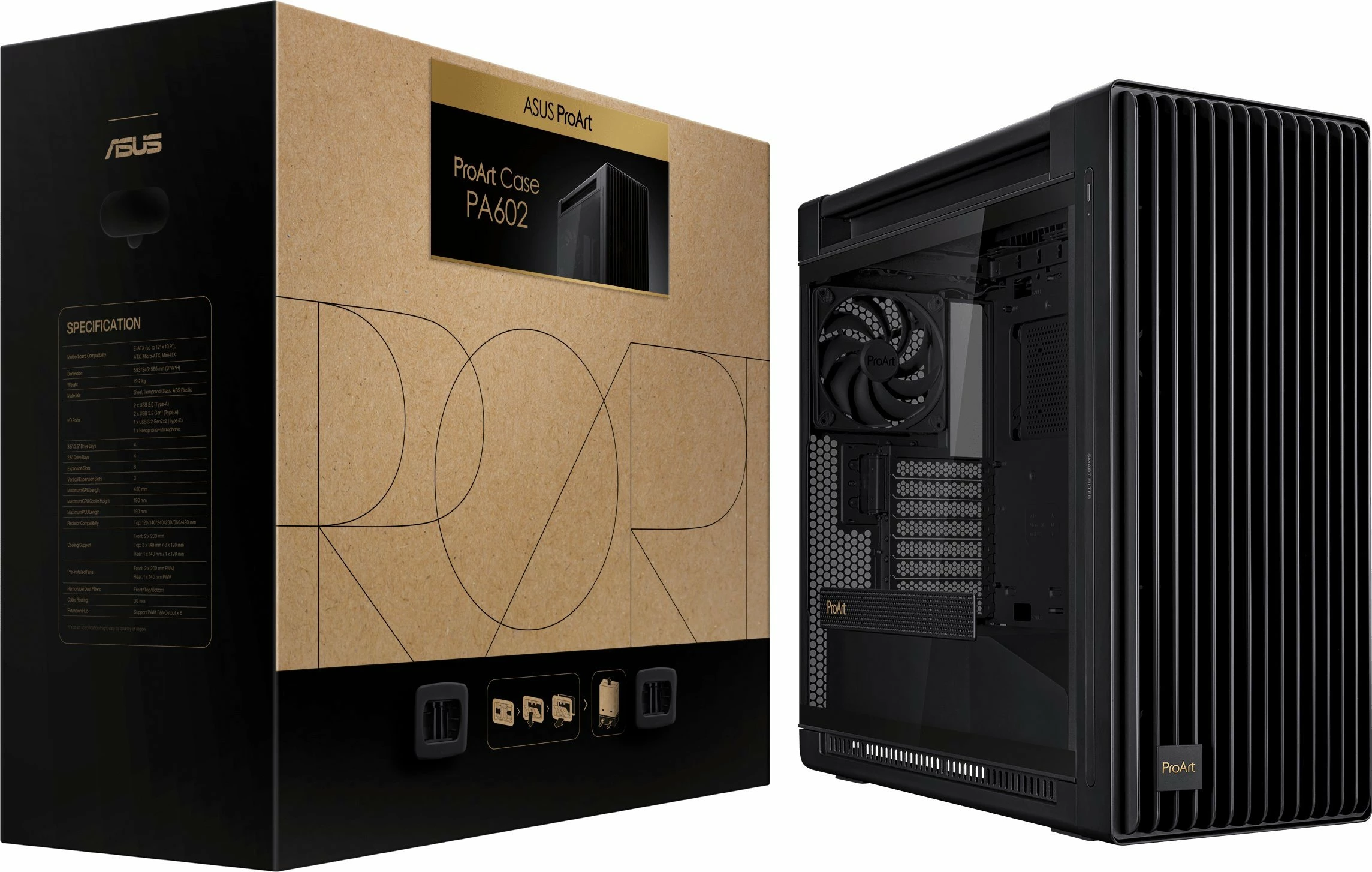 Kasë Asus ProArt PA602 (90DC00J0-B09000) midi tower ATX/eATX me 2x200mm + 1x140mm fan, USB Type-C, e zezë
