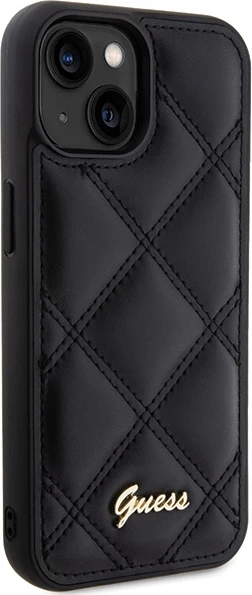 Mbështjellës Guess Quilted Metal Logo për iPhone 15, i zi