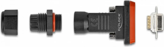 Konektor D-Sub 9-pin femër DeLOCK, IP67, për saldim, i drejtë, zi/portokalli