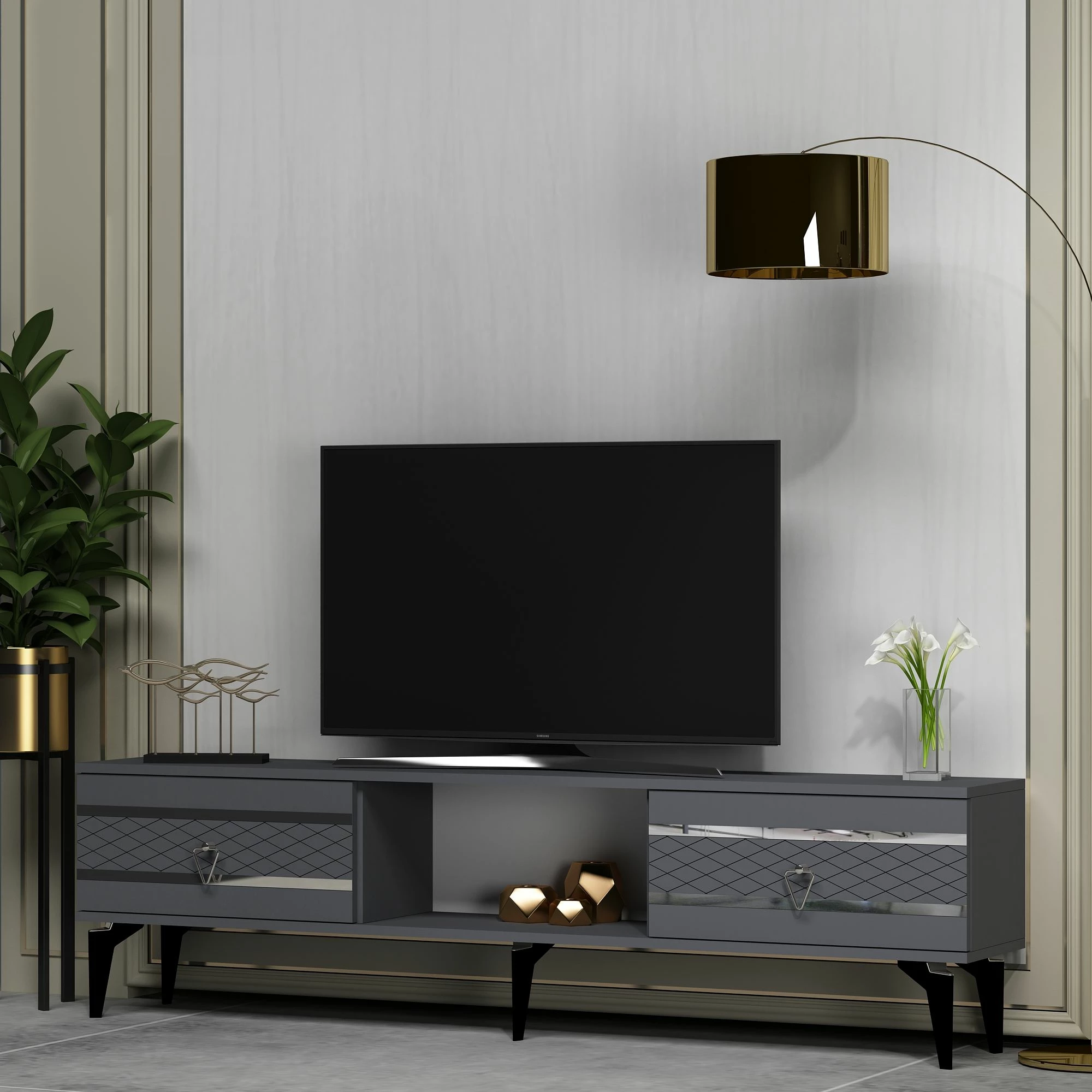 Komodë për TV Skye Decor, pelin-antracit, argjend