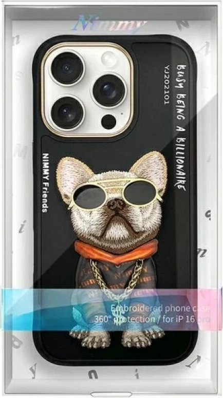 Kapak telefoni Nimmy Glasses Cool Dog për iPhone 16 Pro, i zi