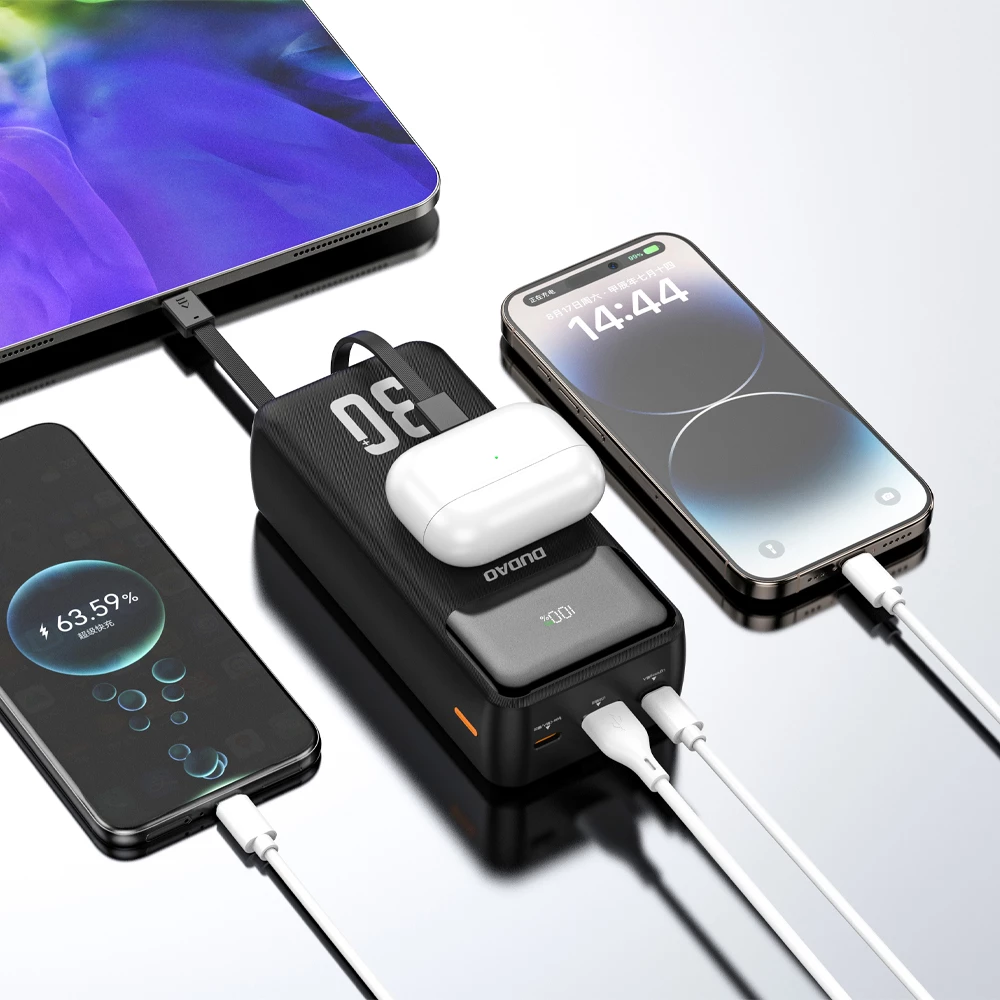 Powerbank Dudao K15Max 30000mAh PD 22.5W me kabllo të integrume USB-C dhe Lightning, bardhë