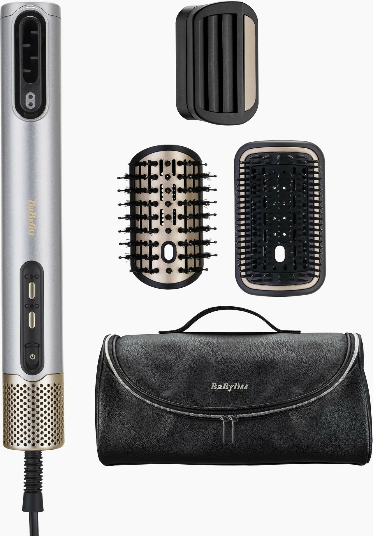 Fen dhe stilizues flokësh BaByliss Air Wand AS6555E 1600W, set me aksesorë, argjendtë
