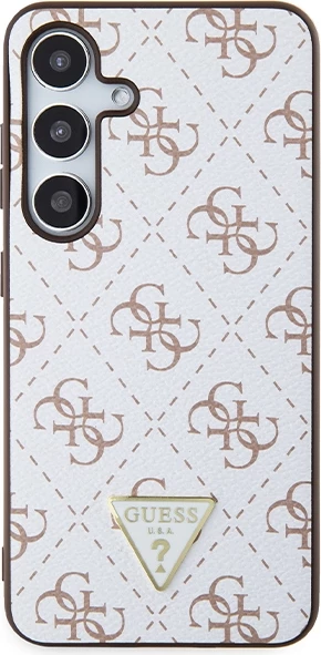 Mbështjellës Guess 4G Triangle Metal Logo për Samsung Galaxy S24, eco-lëkurë/TPU/PC, i bardhë