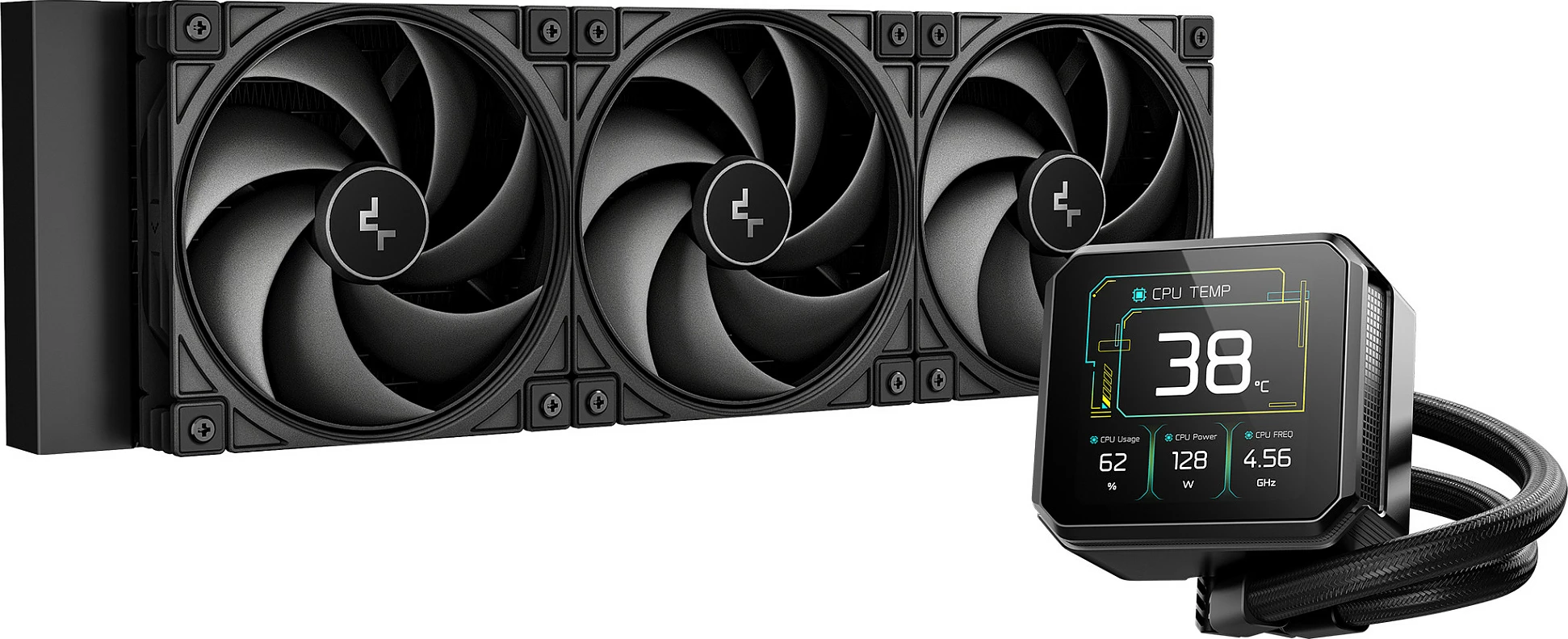Ftohës CPU me lëng DeepCool Spartacus 360, radiator 360mm, 3x120mm, RGB, ekran 3.4" TFT, i zi