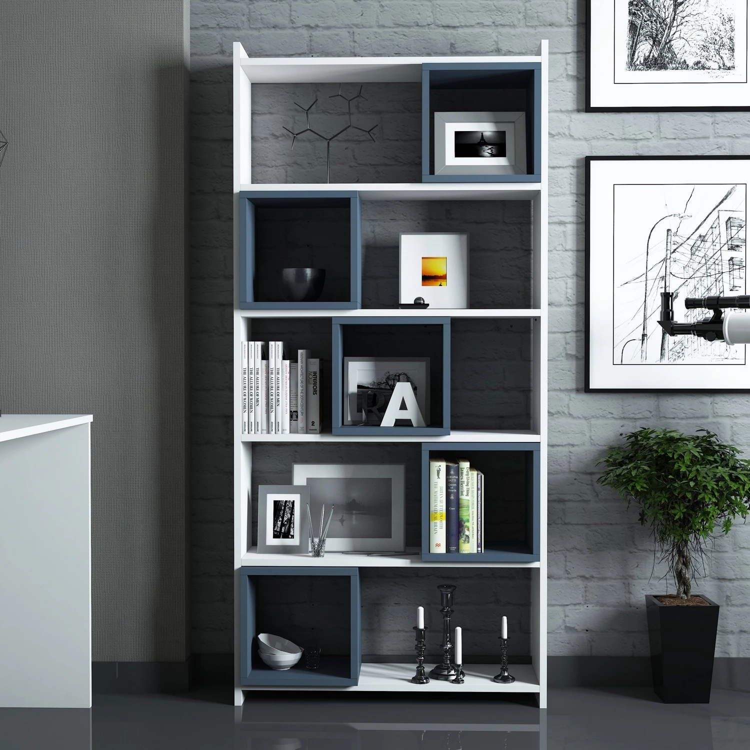 Tavolinë studimi me raft librash, ngjyrë bardhë e kaltër, Hanah Home, Box
