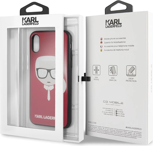 Mbështjellës Karl Lagerfeld Iconic Glitter Karl`s Head për iPhone X/Xs, Kuq