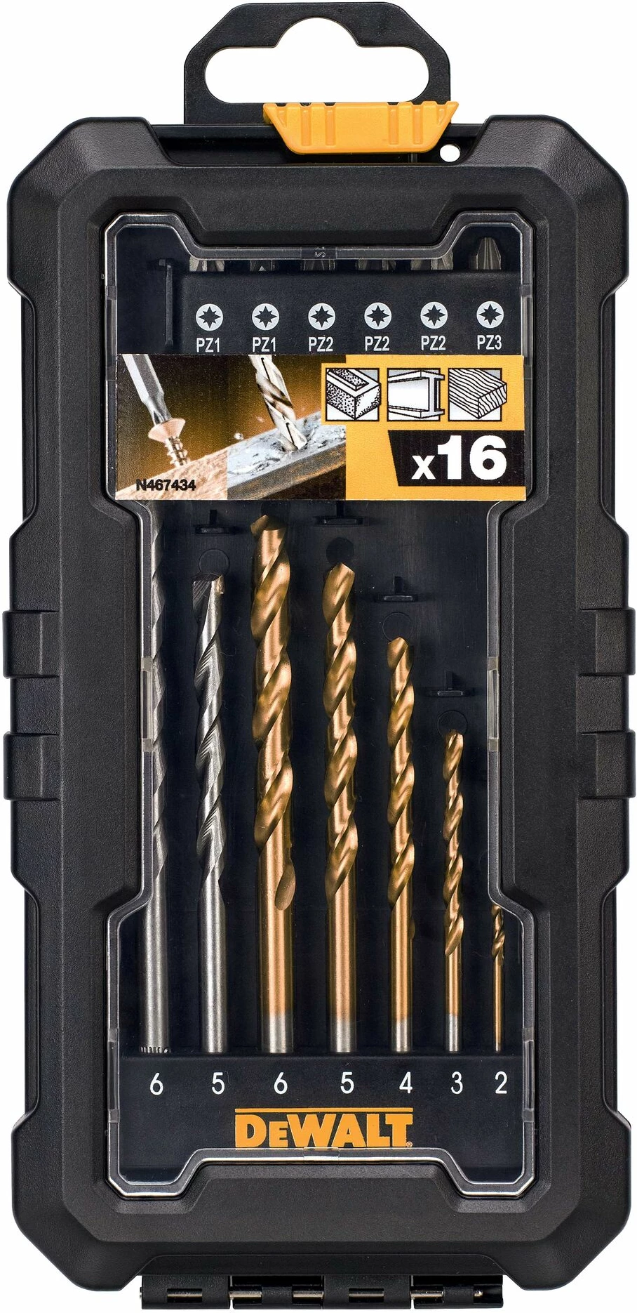 Set bitash dhe burgjish DeWalt DT71567, 16 copë, me kuti plastike, e verdhë/zezë