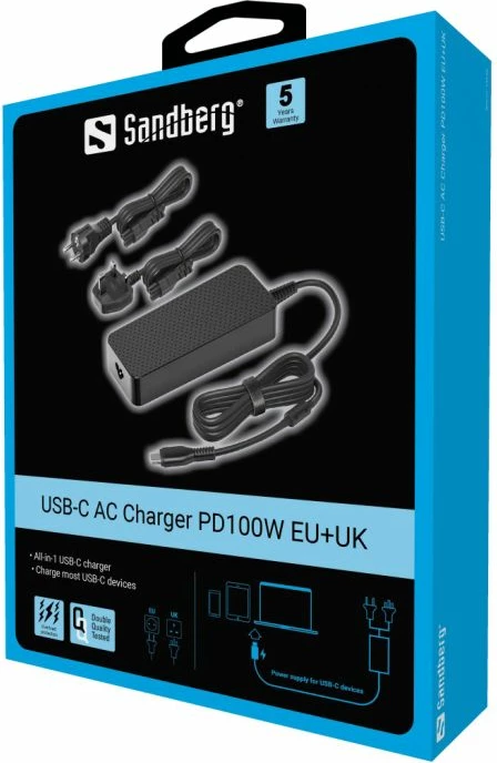 Karikues USB-C SANDBERG PD100W EU+UK (MPN 135-82) 100W, kabllo fikse 1.8 m, i zi, set me kabllo rryme EU + UK