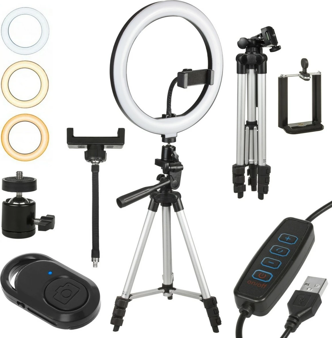 Dritë unazore LED 10", Maclean MCE610, 12W, tripod deri 110 cm, USB 5V, e zezë, set me mbajtës celulari dhe telekomandë Bluetooth
