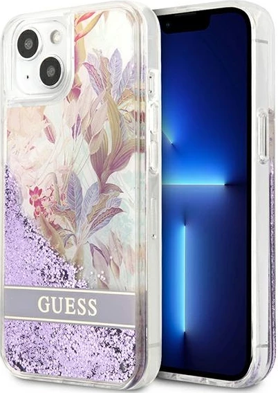 Mbështjellës Guess GUHCP13SLFLSU për iPhone 13 mini 5.4", Flower Liquid Glitter, vjollcë