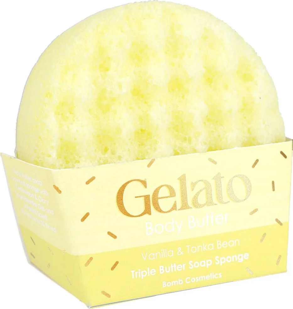Sfongjer trupi me sapun për femra Bomb Cosmetics Gelato Body Buffer Vanilje & Tonka Bean, 200g