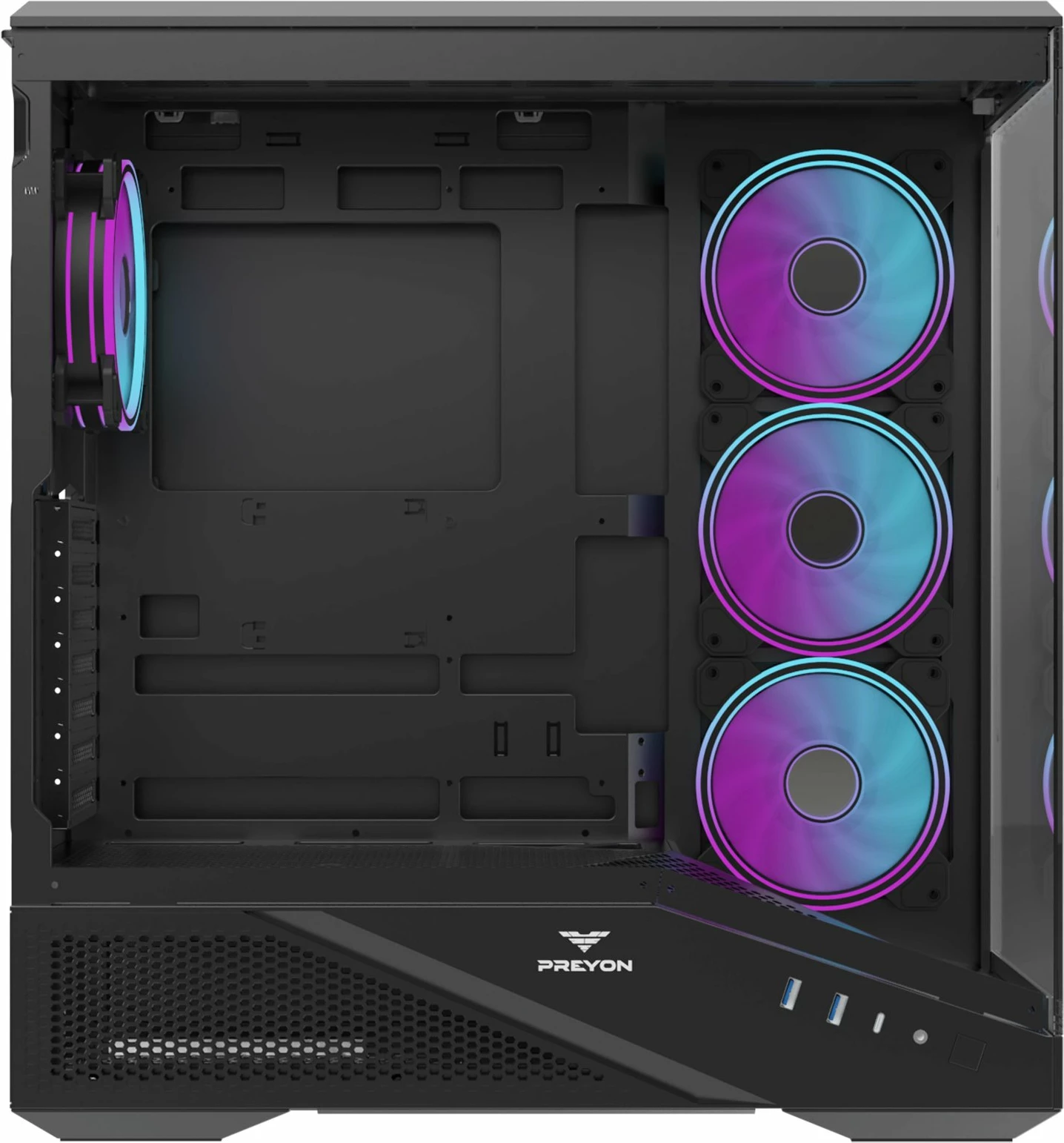 Kasë PREYON Nest Seaview Midi Tower ATX/Micro-ATX/Mini-ITX, xham i temperuar, 4 ventilatorë ARGB, USB-C, e zezë