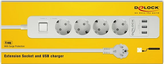 Zgjatues rryme DeLOCK 11206, 4x prizë Schuko Type F, 3x USB, 1.5 m, me ndërprerës, i bardhë